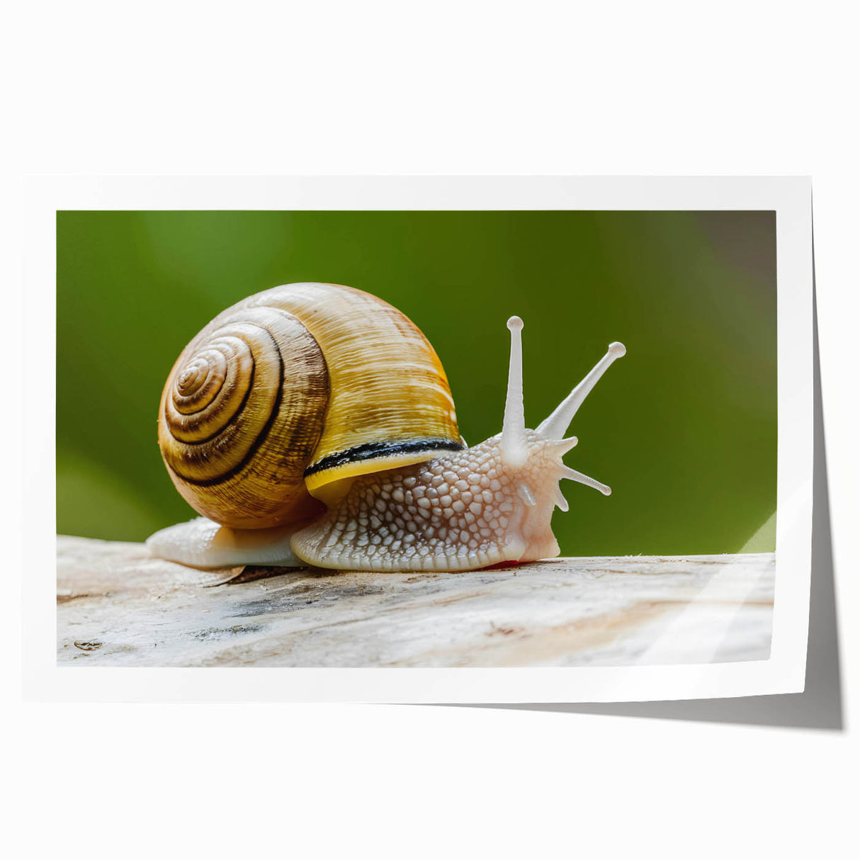 Colorful snail wall art design showcased in a rolled print, featuring intricate details and vibrant hues, perfect for nature enthusiasts and home decor.