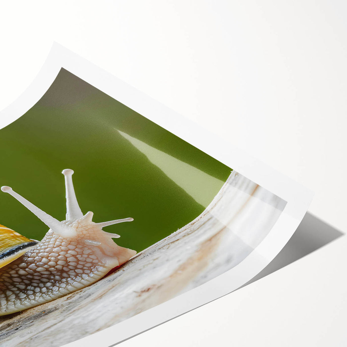 Colorful snail illustration in a whimsical style, part of a wildlife-themed wall art collection, showcasing intricate details and vibrant hues on a rolled print. Perfect for nature lovers and home decor enthusiasts.