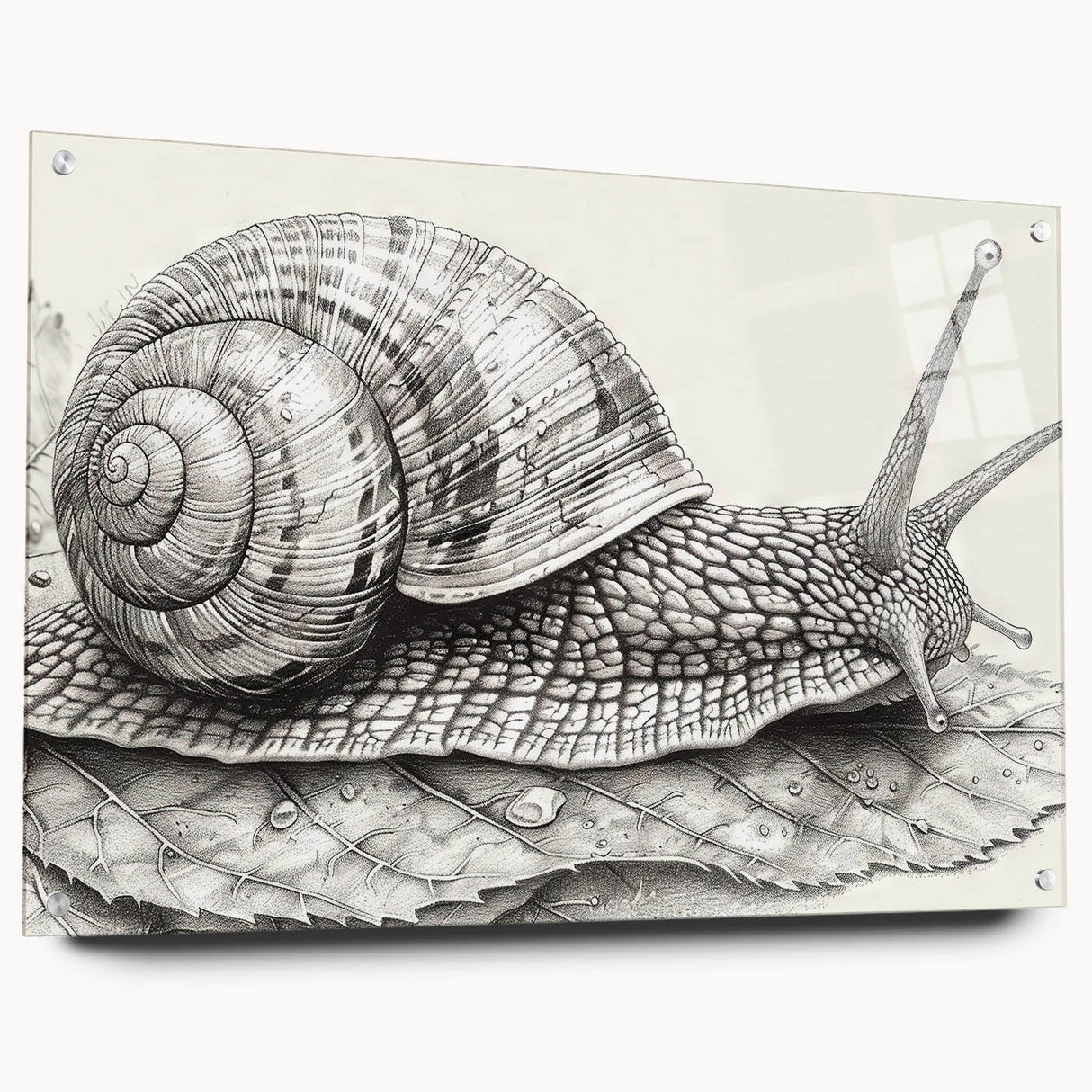 Vibrant acrylic glass wall art featuring a colorful snail design from the Animals A Wild Life collection, displayed in a side view with metal pins for mounting.