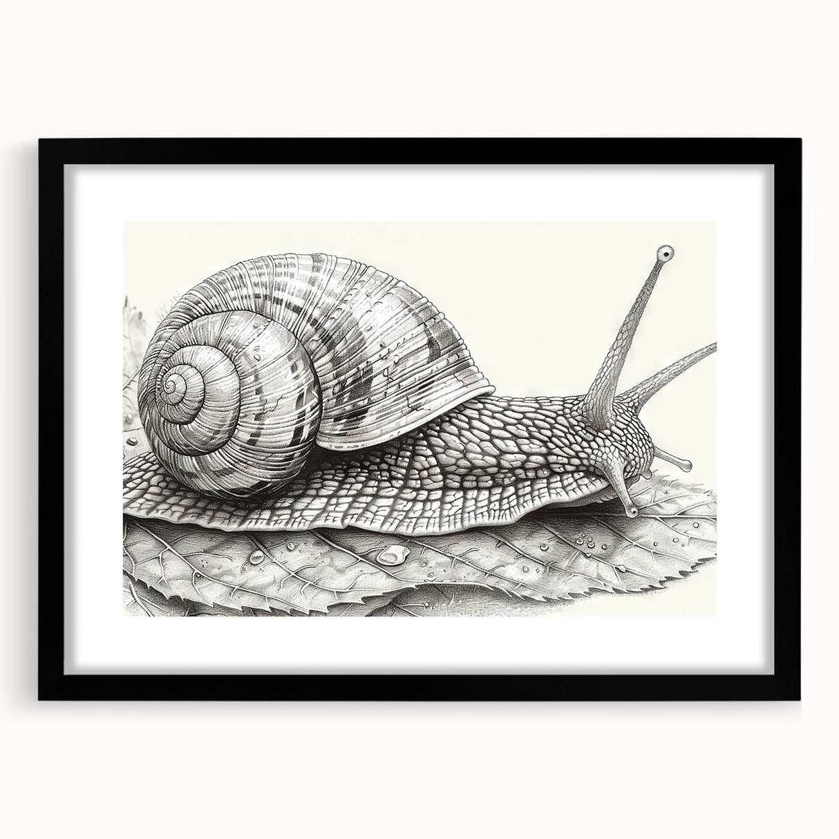 Framed wall art featuring a whimsical snail design with vibrant colors, set against a sleek black mat, perfect for animal-themed home decor. Ideal for nature lovers.