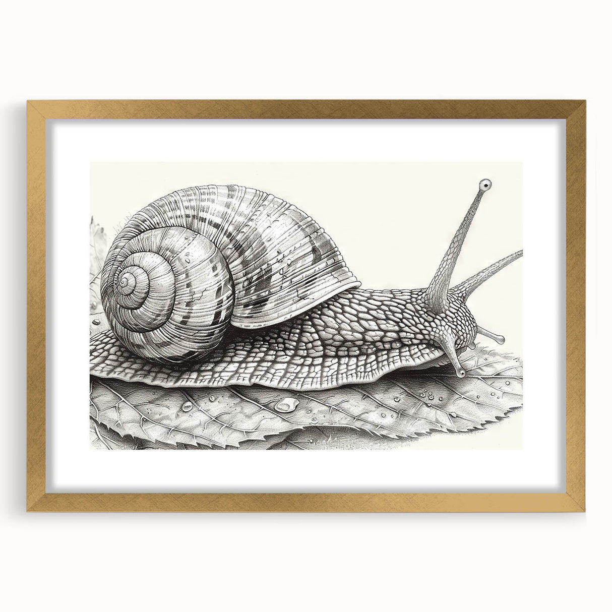 Gold-framed wall art featuring a whimsical snail design from the 'Animals of the Wild' collection, displayed with a mat, perfect for nature-inspired decor.
