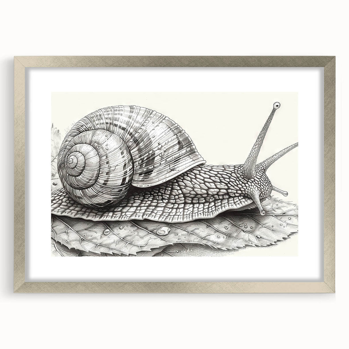 Framed wall art collection featuring a whimsical snail design in soft pastel colors, set in a stylish silver frame with a mat, perfect for children's room decor.