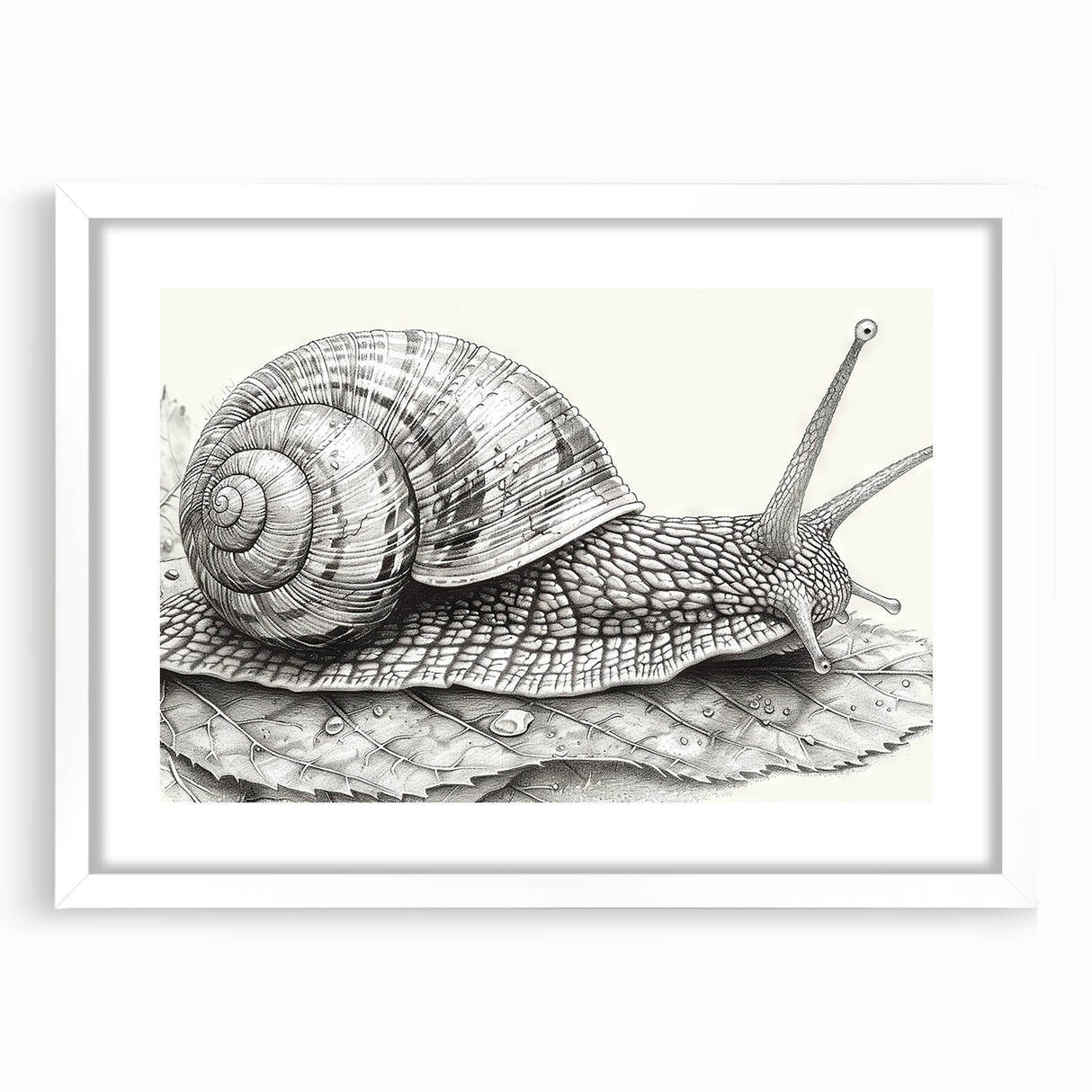Framed wall art featuring a whimsical snail design in vibrant colors, surrounded by a white mat, perfect for adding a playful touch to home decor.