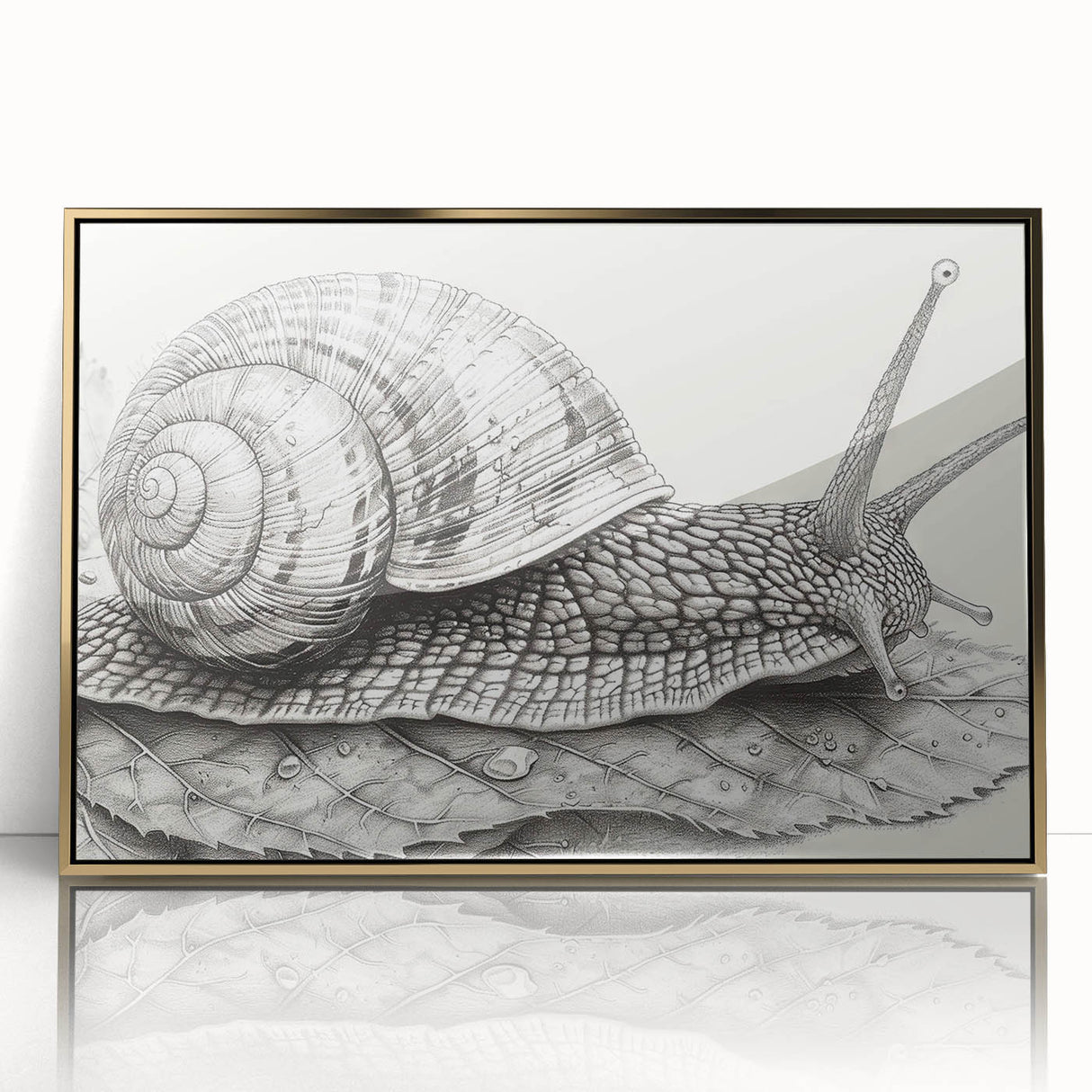 Framed wall art featuring a close-up design of a whimsical snail, showcasing intricate details and vibrant colors, perfect for adding a playful touch to home decor.