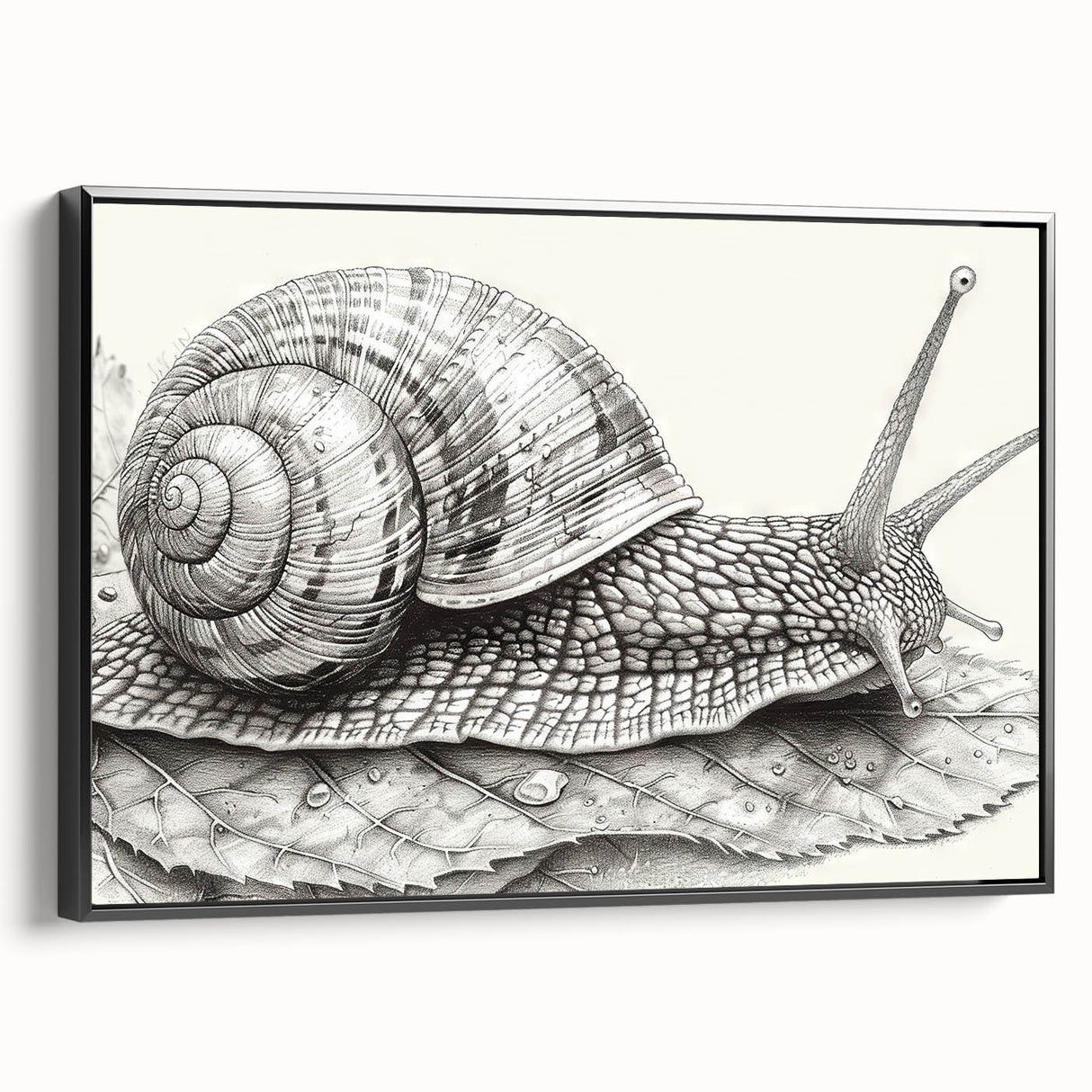 Framed wall art featuring a whimsical snail design on a black background, showcasing intricate details and vibrant colors, perfect for animal-themed decor.