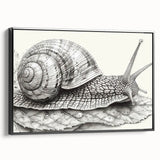 Framed wall art featuring a whimsical snail design on a black background, showcasing intricate details and vibrant colors, perfect for animal-themed decor.