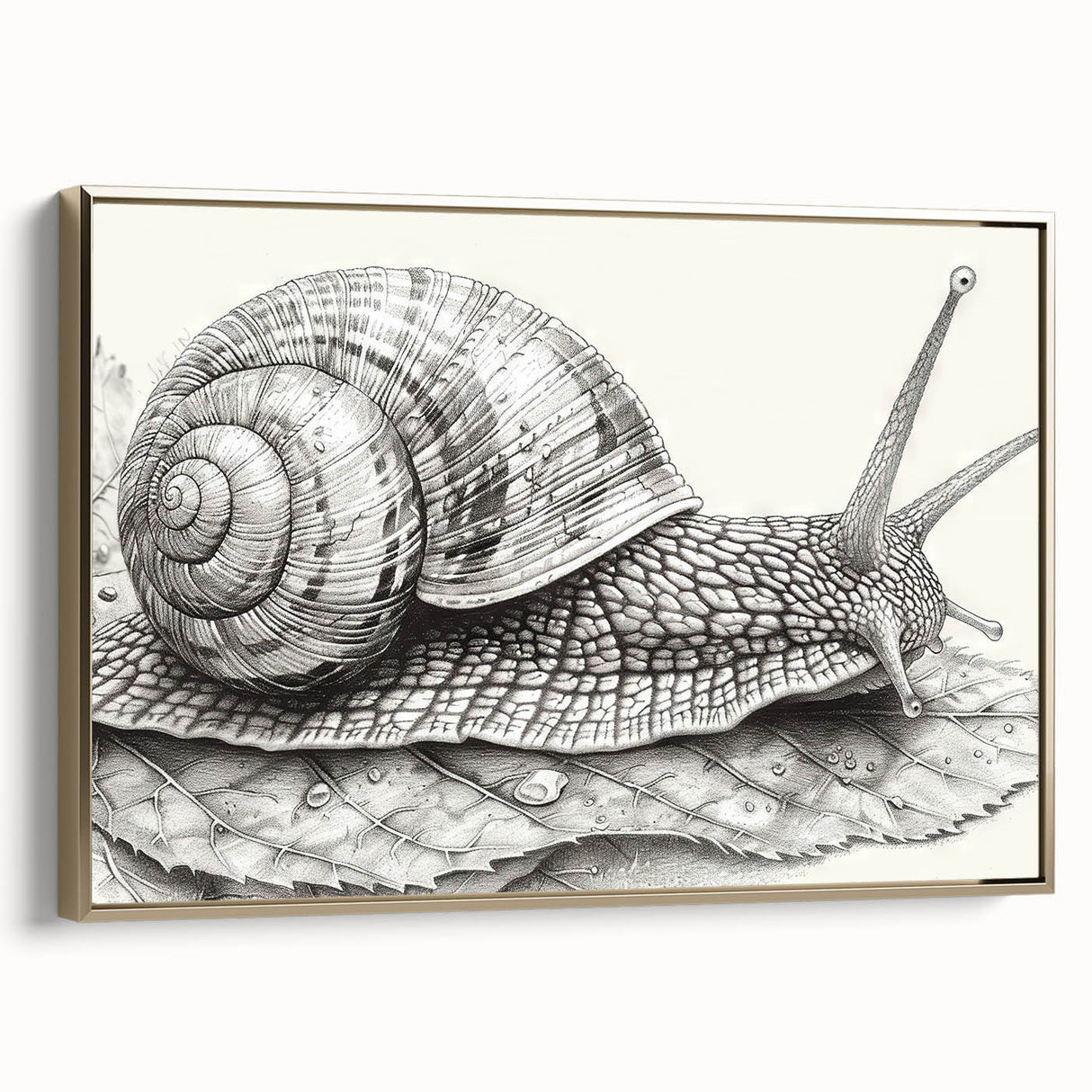 Framed wall art featuring a colorful snail design with intricate details and a gold frame, ideal for enhancing home decor and nature-themed interiors.