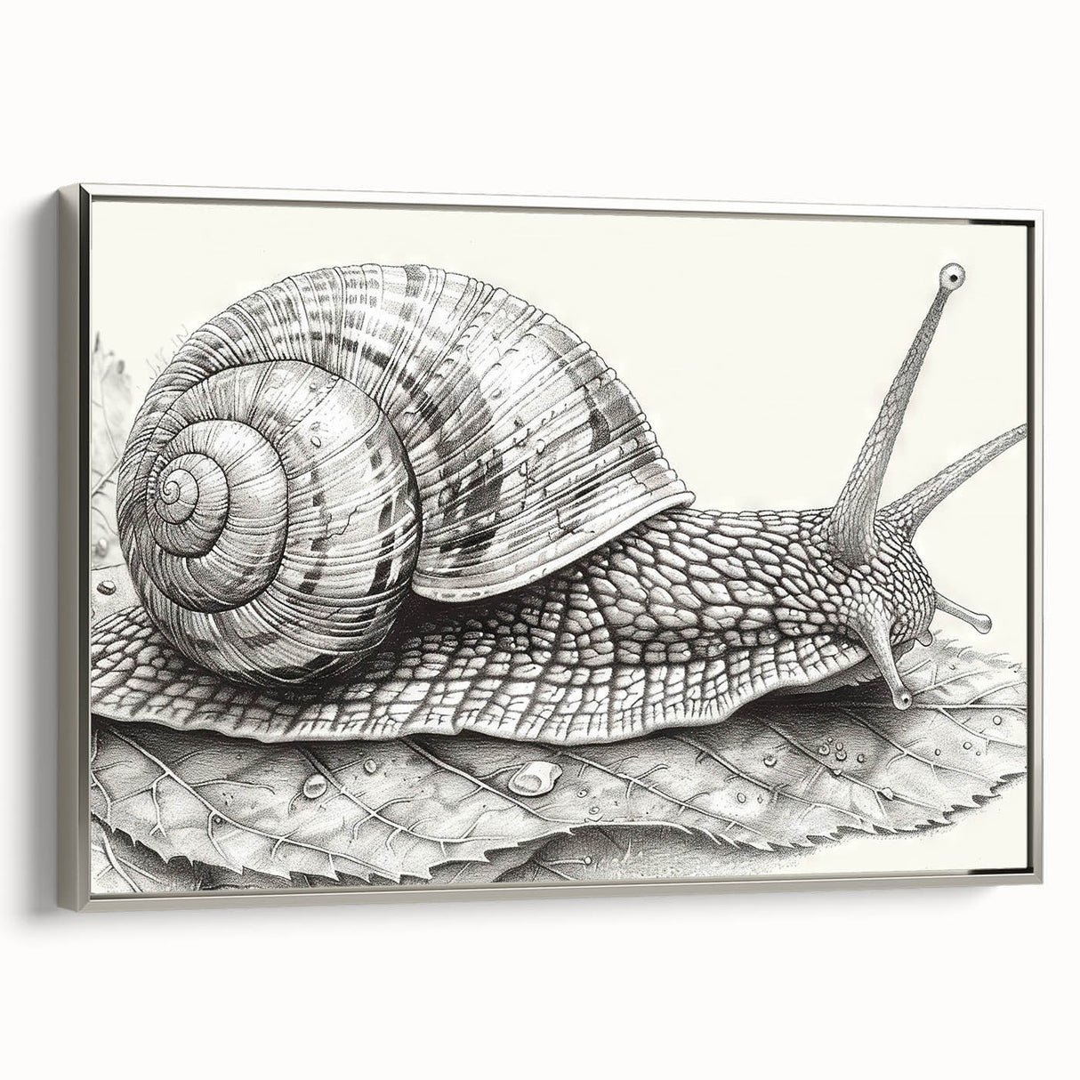 Framed canvas wall art showcasing a silver snail design, featuring intricate details and vibrant colors, ideal for nature-themed decor and artistic expression.