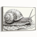 Framed canvas wall art showcasing a silver snail design, featuring intricate details and vibrant colors, ideal for nature-themed decor and artistic expression.