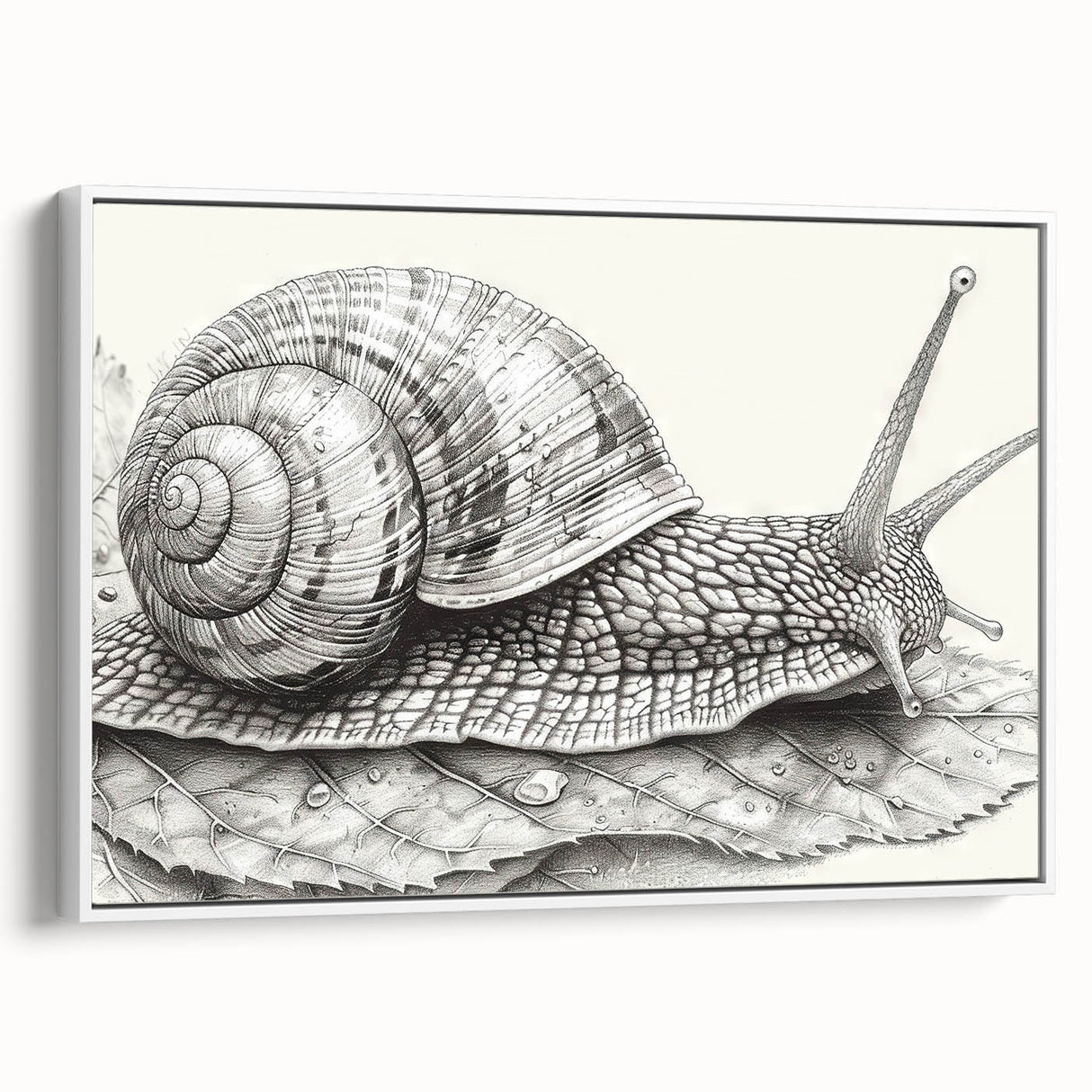 Framed canvas wall art featuring a colorful snail design in a modern style, displayed from a side view against a white background, adding a whimsical touch to home decor.