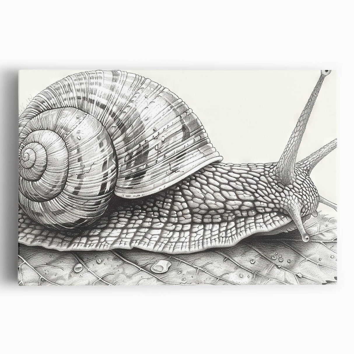 Vibrant wall art featuring a whimsical snail design on stretched canvas, showcasing intricate details and soft pastel colors, ideal for nature-themed decor.