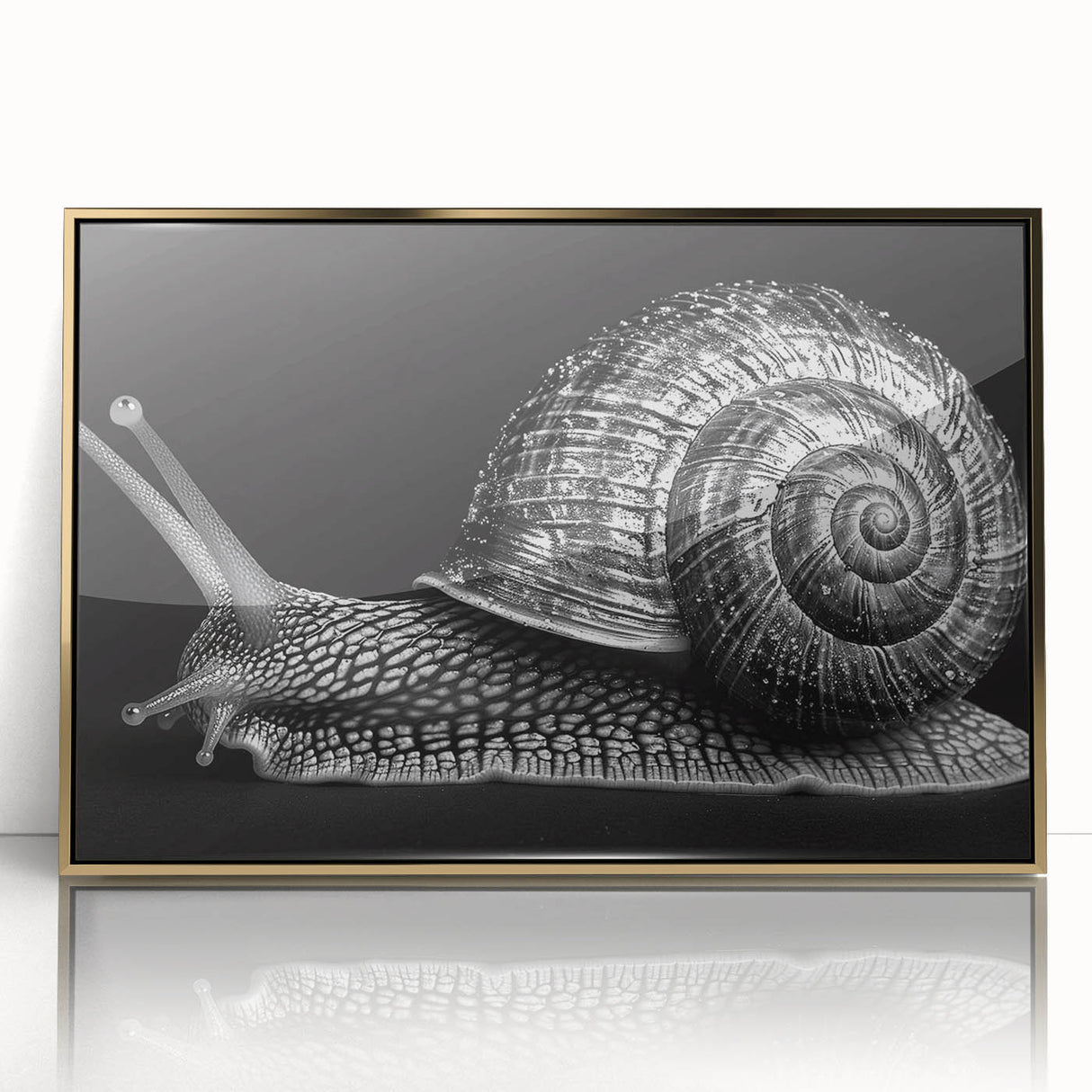 Framed wall art featuring a detailed gold-accented snail design, set against a vibrant backdrop, showcasing intricate patterns and textures for an elegant decor touch.