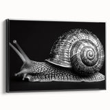 Framed wall art featuring a stylized snail design in vibrant colors, displayed from a black side view, perfect for animal-themed decor. Ideal for nature lovers.