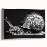 Framed wall art featuring a whimsical silver snail design on canvas, showcasing intricate details and vibrant colors, ideal for adding charm to any decor.