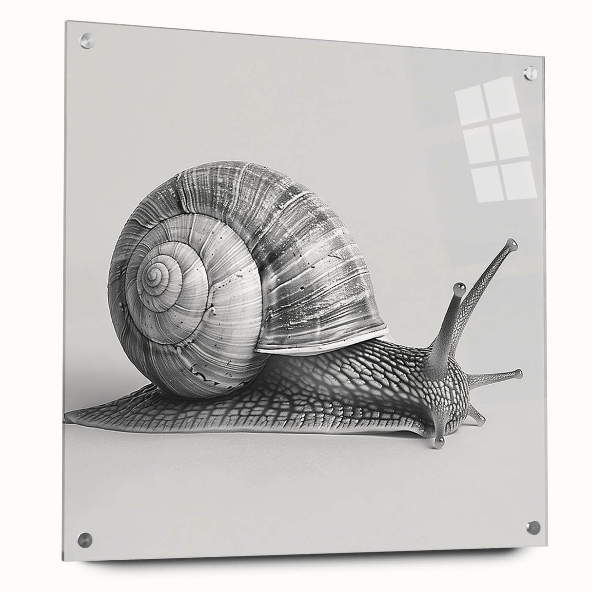 Acrylic wall art design featuring a detailed side view of a vibrant snail, showcasing intricate patterns and colors, ideal for animal-themed decor.