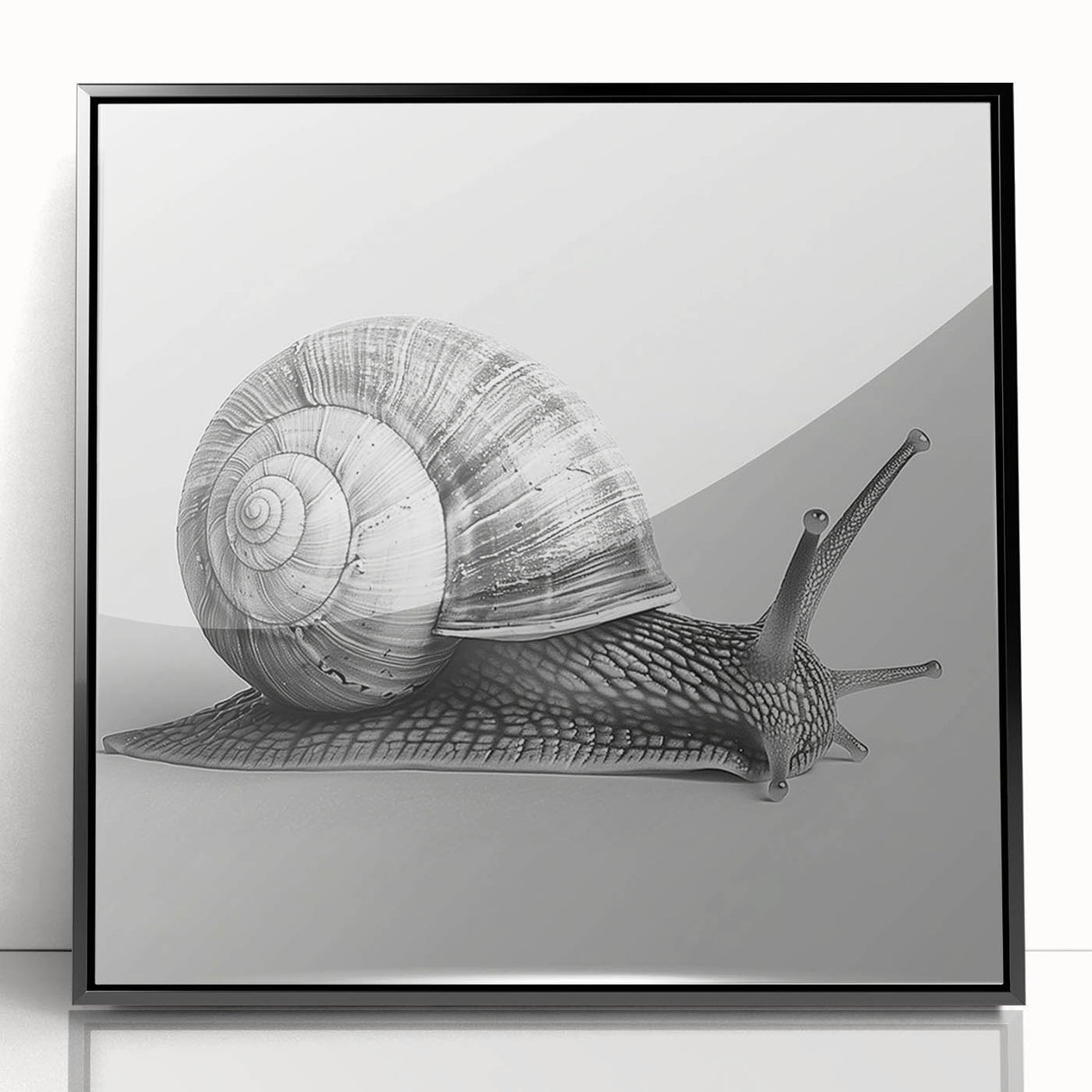 Framed wall art showcasing a whimsical snail design in vibrant colors, featuring a sleek black frame. Perfect for adding a playful touch to any home decor.