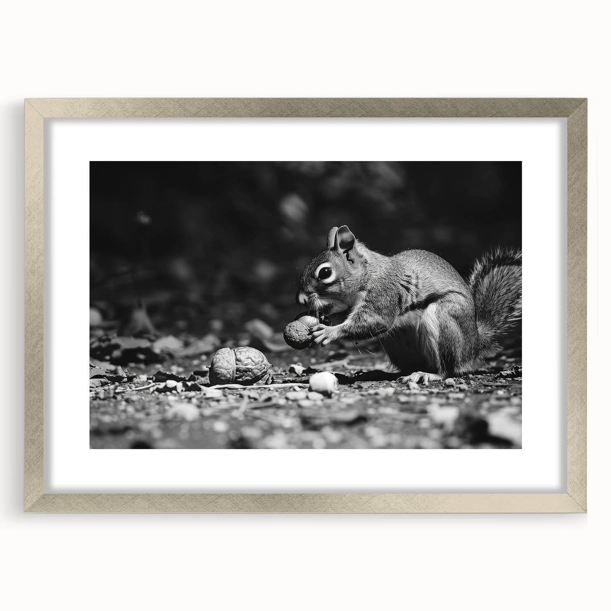 Squirrel-themed wall art collection in a sleek silver frame with a mat, showcasing a vibrant design of playful squirrels, perfect for animal lovers and home decor.