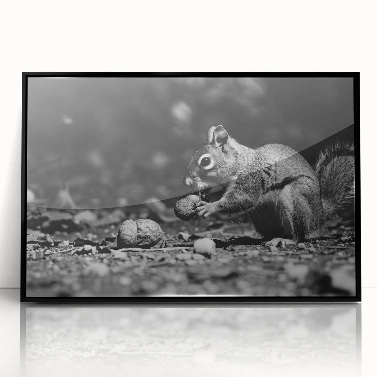 Framed wall art featuring a whimsical squirrel design in a black frame, showcasing vibrant colors and intricate details, perfect for animal lovers and home decor enthusiasts.
