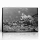 Framed wall art featuring a whimsical squirrel design in a black frame, showcasing vibrant colors and intricate details, perfect for animal lovers and home decor enthusiasts.