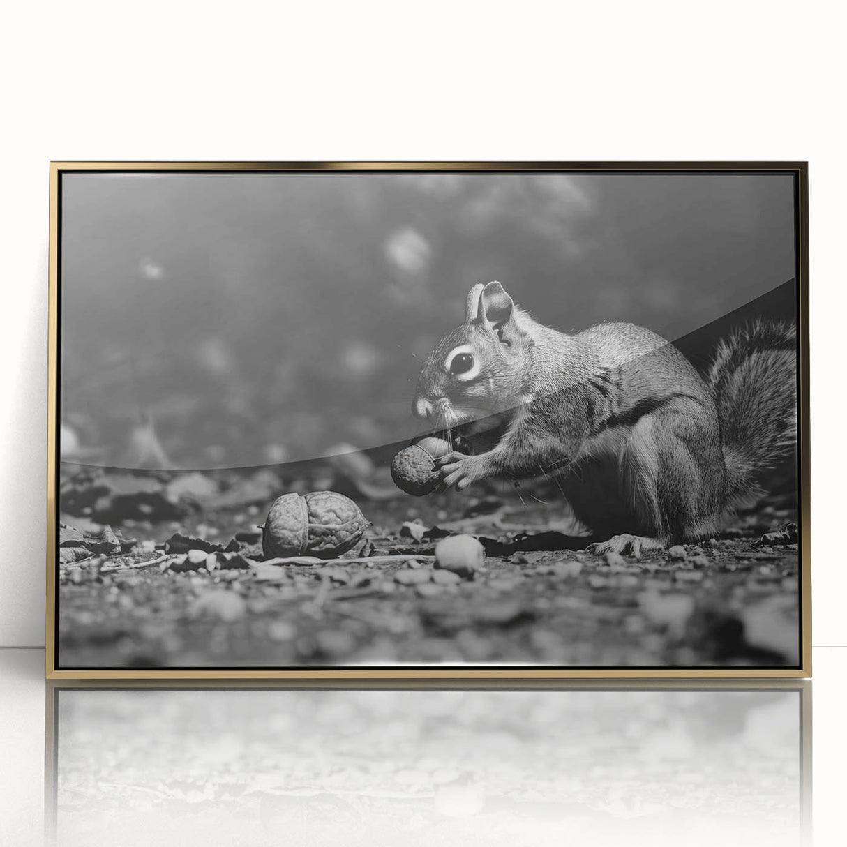Framed wall art featuring a detailed squirrel design with gold accents, perfect for adding a touch of nature-inspired elegance to any room decor.