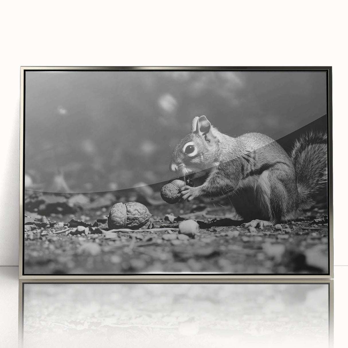 Framed wall art featuring a silver-accented design of a playful squirrel, showcasing vibrant colors and intricate details, perfect for animal lovers' decor.