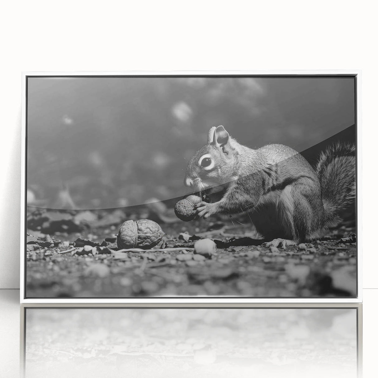 Framed wall art featuring a vibrant squirrel design from the 'Animals A Wild Life' collection, displayed in a sleek white frame, perfect for nature lovers’ decor.