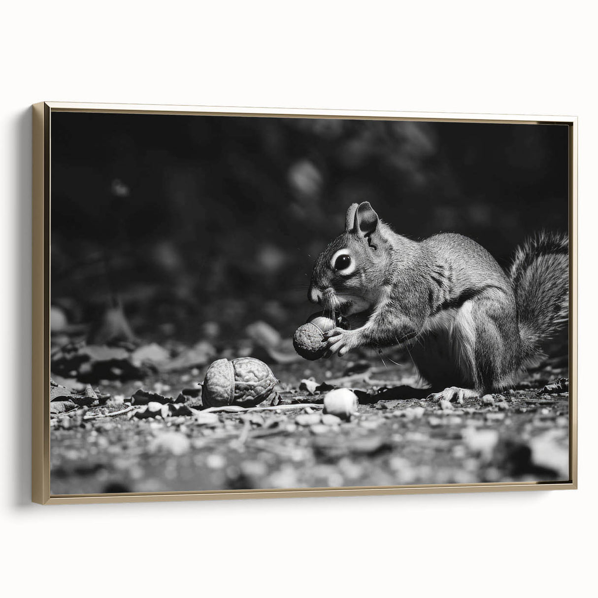 Framed wall art featuring a stylish squirrel design in a golden frame, showcasing intricate details and vibrant colors, perfect for wildlife enthusiasts and home decor.