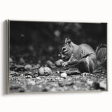 Framed wall art depicting a realistic squirrel design, showcased in a sleek silver frame, ideal for wildlife enthusiasts and home décor lovers.
