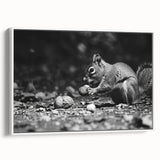 Framed wall art featuring a stylish squirrel design in a white frame, showcasing vibrant colors and intricate details, perfect for animal lovers and home decor enthusiasts.