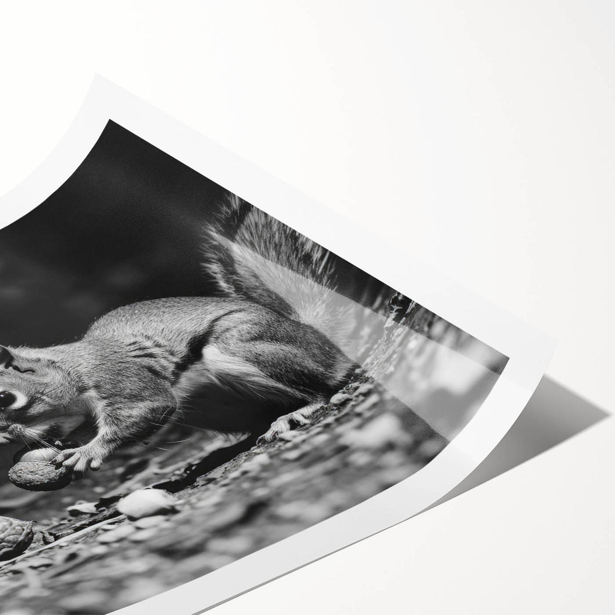 Rolled print showcasing a vibrant squirrel design in a whimsical style, perfect for animal lovers and nature-themed decor. Features rich colors and detailed illustration, suitable for home or office wall art collection.