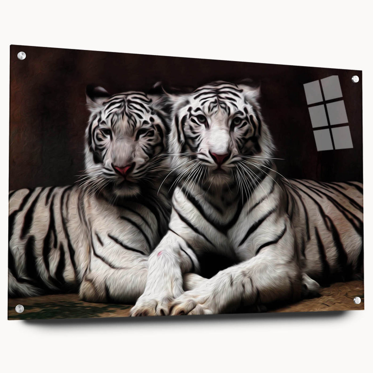 Acrylic wall art featuring a stunning side view of a tiger, showcasing vibrant orange and black stripes, elegantly mounted with pins for a modern aesthetic. Perfect for animal lovers and wildlife enthusiasts seeking bold home decor.