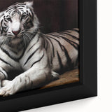 Close-up of a vibrant, framed canvas wall art featuring a majestic tiger design, showcasing detailed fur textures and striking orange and black colors, perfect for wildlife enthusiasts.