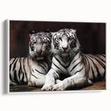 Framed canvas wall art featuring a striking tiger design, showcasing vibrant colors and intricate details, displayed against a white background for a modern aesthetic.