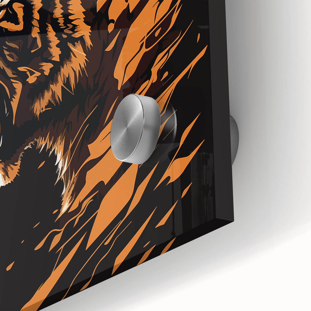 Close-up of a vibrant tiger wall art design on acrylic glass, showcasing intricate details and bold colors, ideal for wildlife enthusiasts and modern decor.