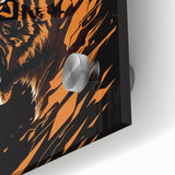 Close-up of a vibrant tiger wall art design on acrylic glass, showcasing intricate details and bold colors, ideal for wildlife enthusiasts and modern decor.