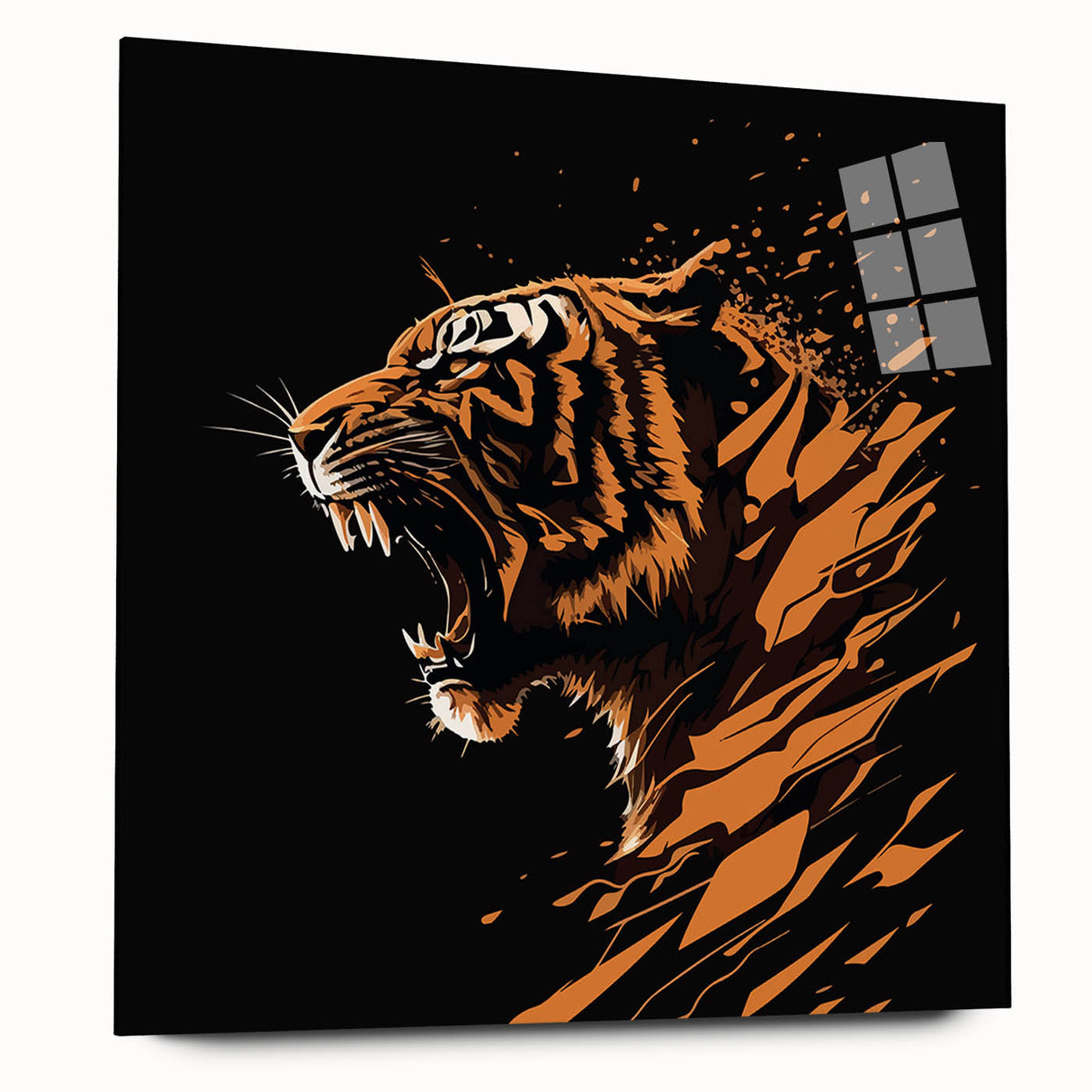Vibrant acrylic glass wall art showcasing a majestic tiger in a wild landscape, featuring rich colors and intricate details, perfect for animal lovers and home decor.