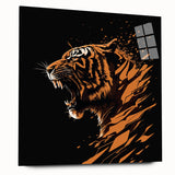 Vibrant acrylic glass wall art showcasing a majestic tiger in a wild landscape, featuring rich colors and intricate details, perfect for animal lovers and home decor.