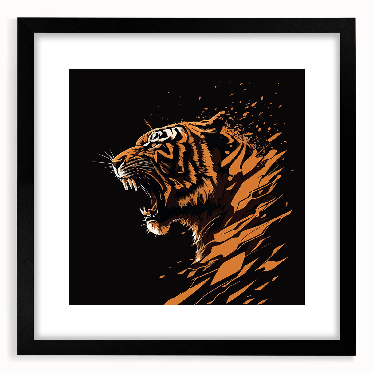 Black-framed wall art featuring a striking tiger design, showcasing vibrant colors and intricate details, perfect for animal lovers and home decor enthusiasts.
