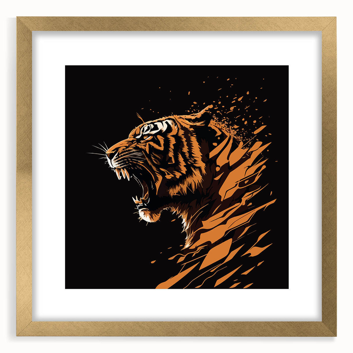 Elegant framed wall art featuring a majestic tiger design in vibrant colors, accented with a gold frame and matting, perfect for animal lovers and home decor enthusiasts.