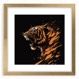 Elegant framed wall art featuring a majestic tiger design in vibrant colors, accented with a gold frame and matting, perfect for animal lovers and home decor enthusiasts.