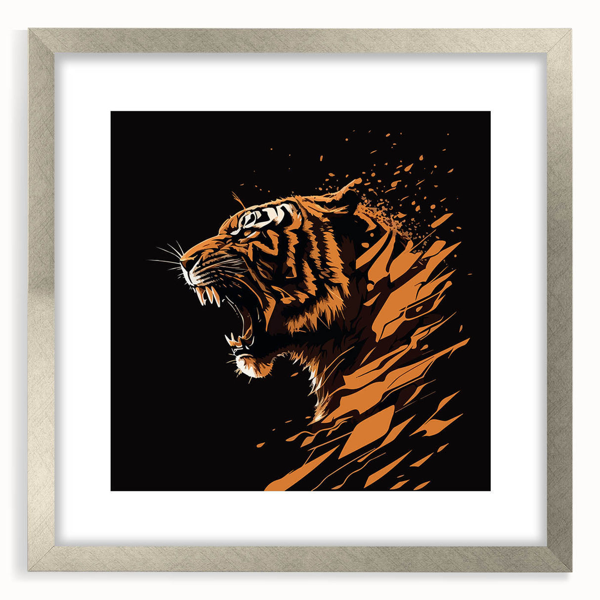 Framed wall art featuring a majestic tiger design with a silver mat and frame, showcasing vibrant colors and intricate details, perfect for wildlife enthusiasts.