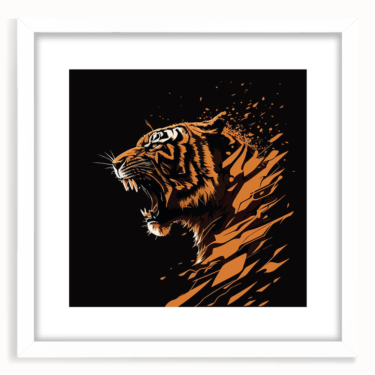 White-framed wall art featuring a vibrant tiger design, showcasing intricate details and bold colors, perfect for animal lovers and home decor enthusiasts.