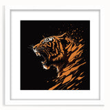White-framed wall art featuring a vibrant tiger design, showcasing intricate details and bold colors, perfect for animal lovers and home decor enthusiasts.