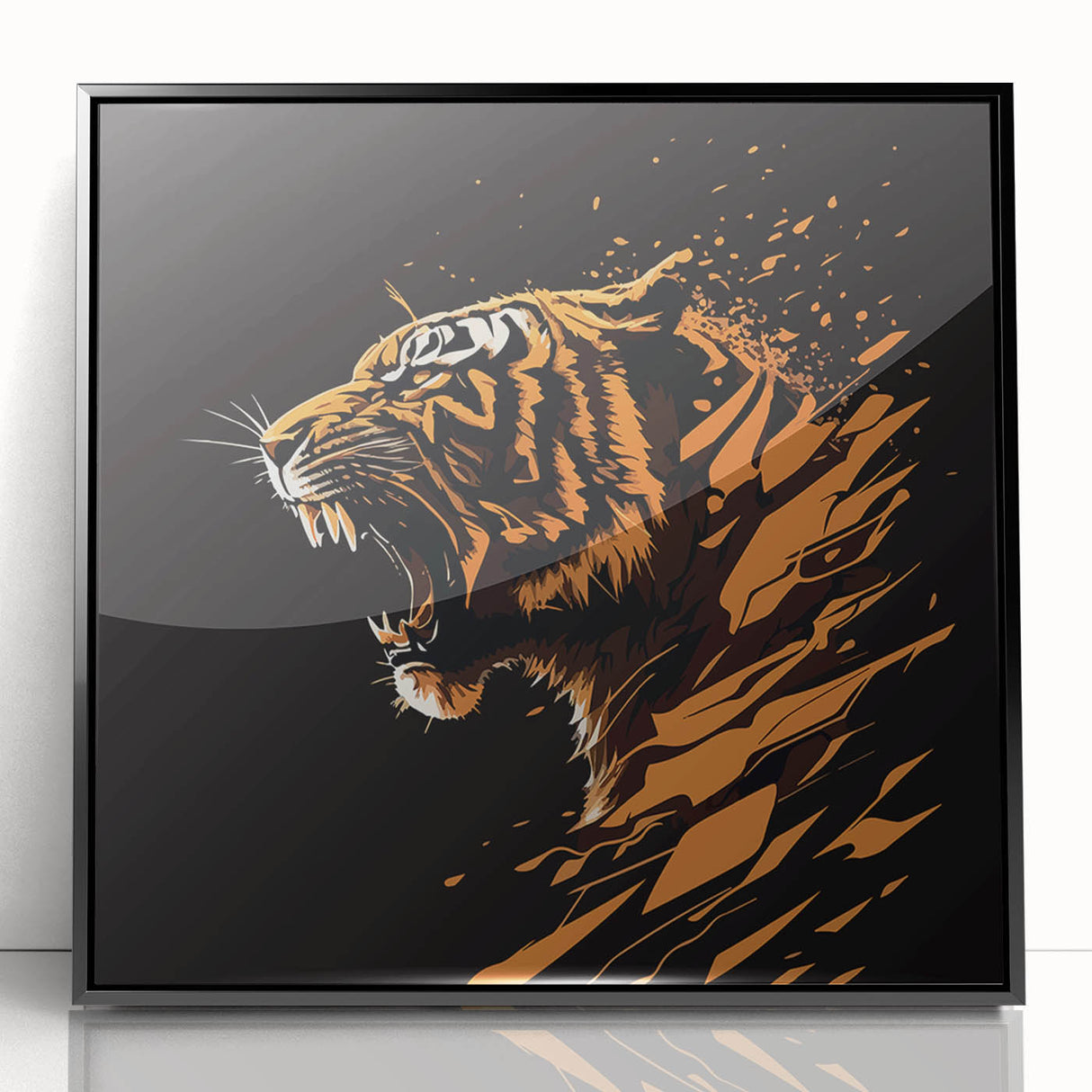 Framed wall art featuring a striking tiger design in vibrant colors, showcasing intricate details and textures against a sleek black frame, perfect for wildlife enthusiasts.