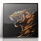 Framed wall art featuring a striking tiger design in vibrant colors, showcasing intricate details and textures against a sleek black frame, perfect for wildlife enthusiasts.