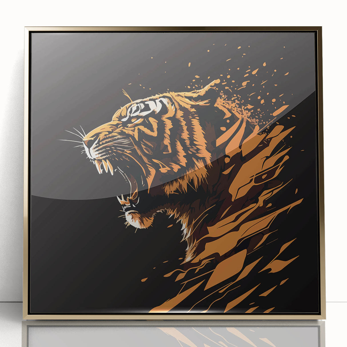 Framed acrylic wall art showcasing a striking tiger design, featuring vibrant colors and intricate details, perfect for wildlife enthusiasts and modern decor.