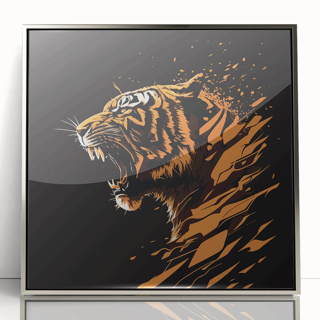 Framed wall art featuring a striking tiger design in silver acrylic, showcasing vibrant colors and intricate details, perfect for wildlife enthusiasts and modern decor.