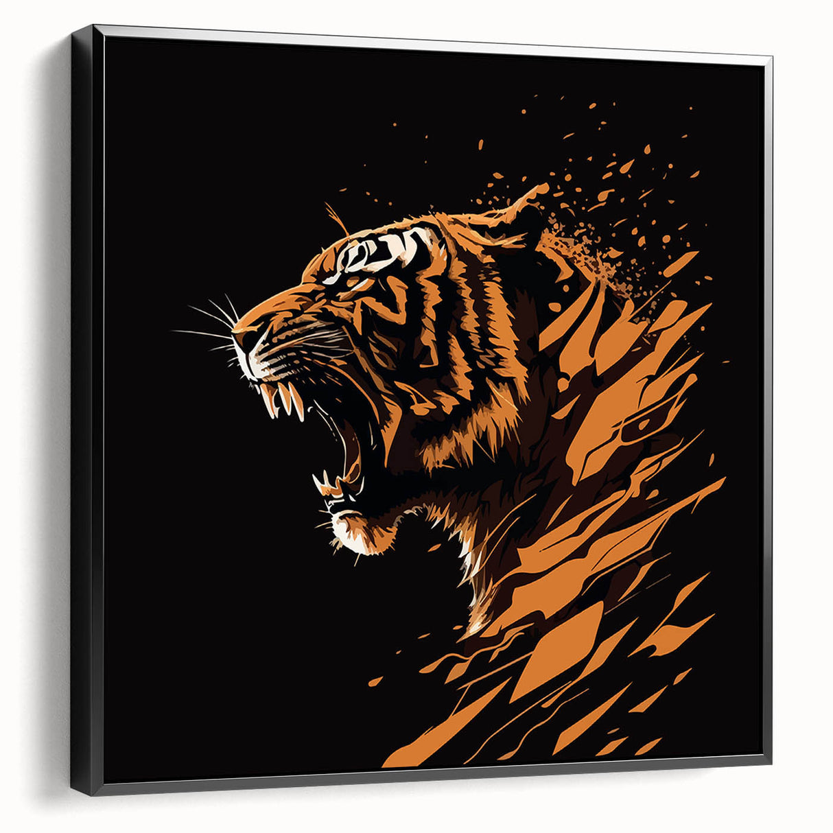 Framed wall art featuring a striking tiger design in vibrant colors, displayed in a sleek black frame, perfect for adding a touch of wildlife elegance to any room.