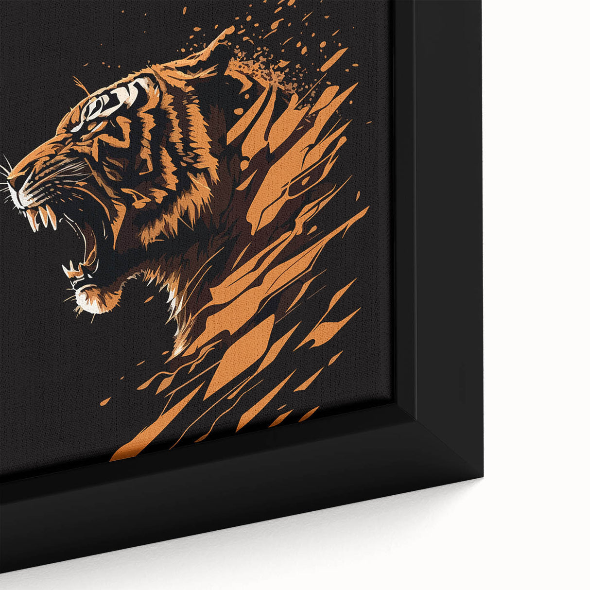 Close-up of a framed canvas wall art featuring a vibrant tiger design, showcasing intricate details and bold colors, ideal for animal lovers and modern decor.