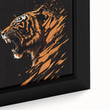 Close-up of a framed canvas wall art featuring a vibrant tiger design, showcasing intricate details and bold colors, ideal for animal lovers and modern decor.